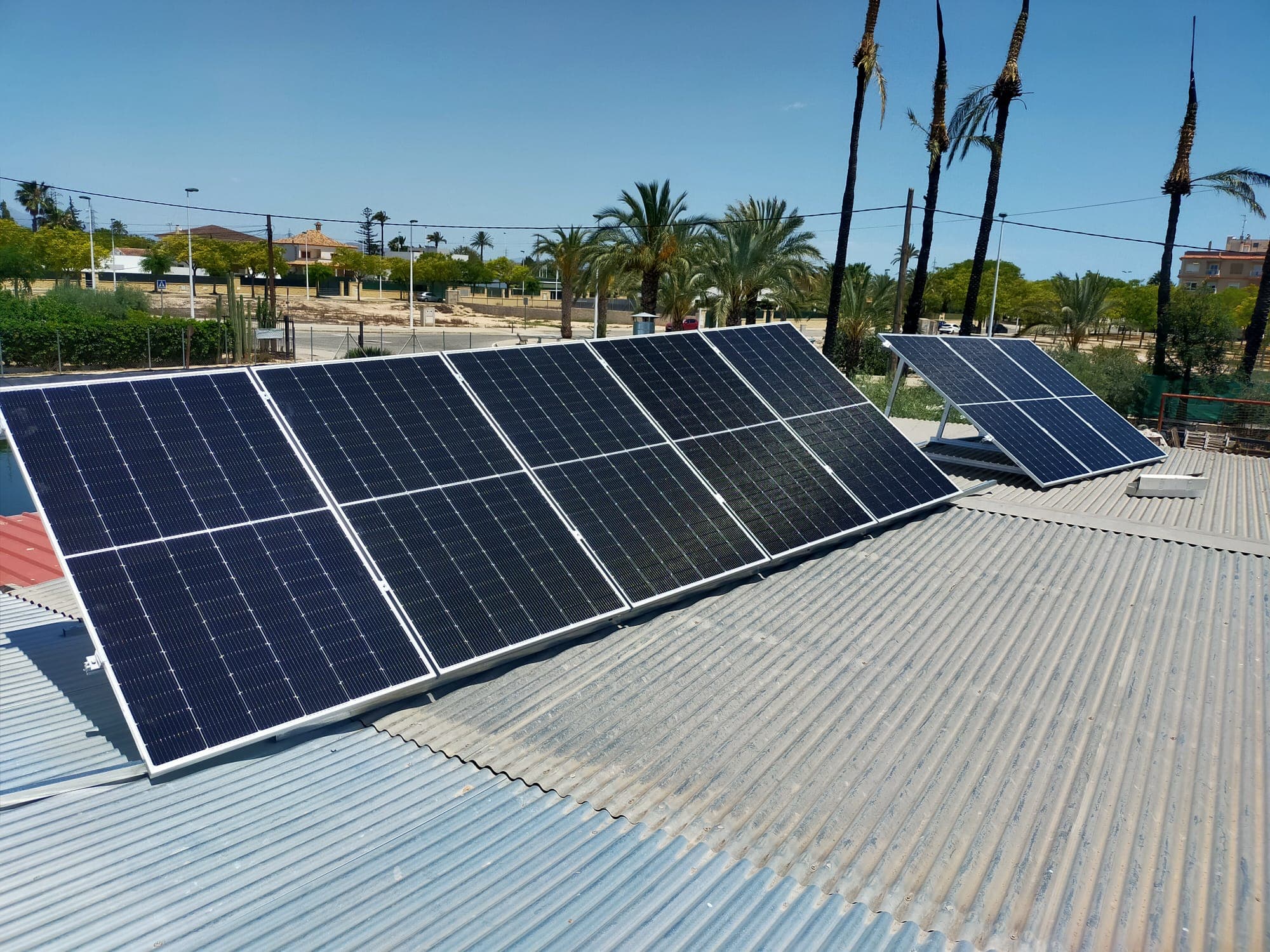 Solar panels on a flat roof with palm trees